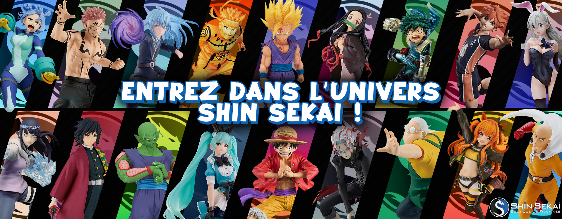 Montage photo bannière de la boutique shin sekai avec des figurines de différents mangas.